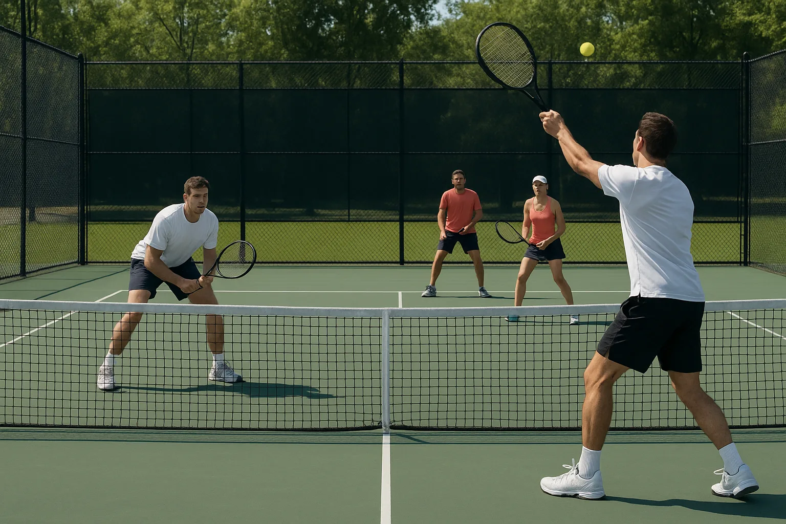 Two Teams of Players Engaged in a Doubles Tennis Match