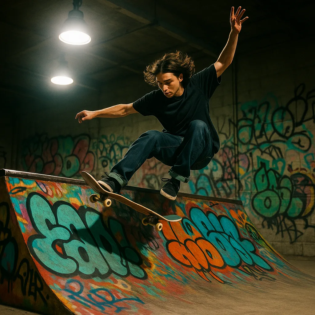 Skateboarder Performs a Trick on a Graffiti-decorated Ramp