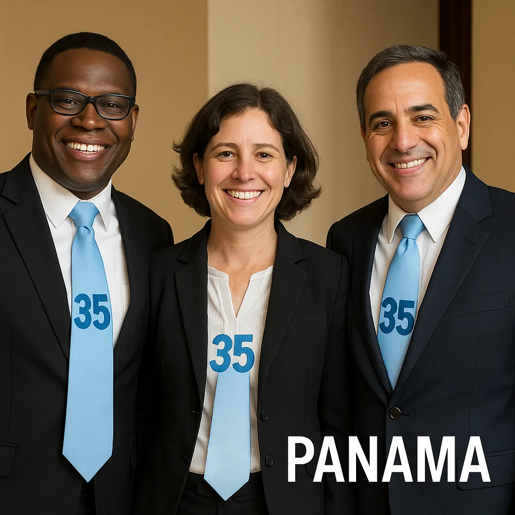 Three Individuals Wearing Ties Prominently Displaying the Number "350" Stand