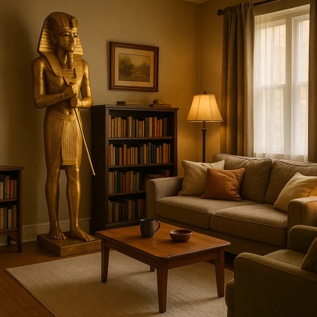 Comfortable Living Space Featuring a Towering Golden Egyptian Figure