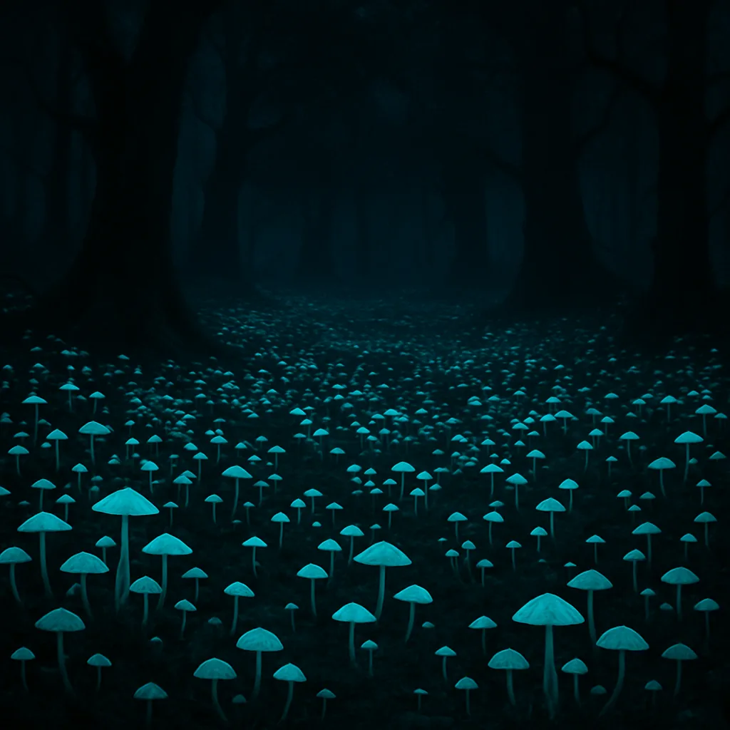 Vast Fields of Countless Bioluminescent Fungi Cast an Ethereal Glow