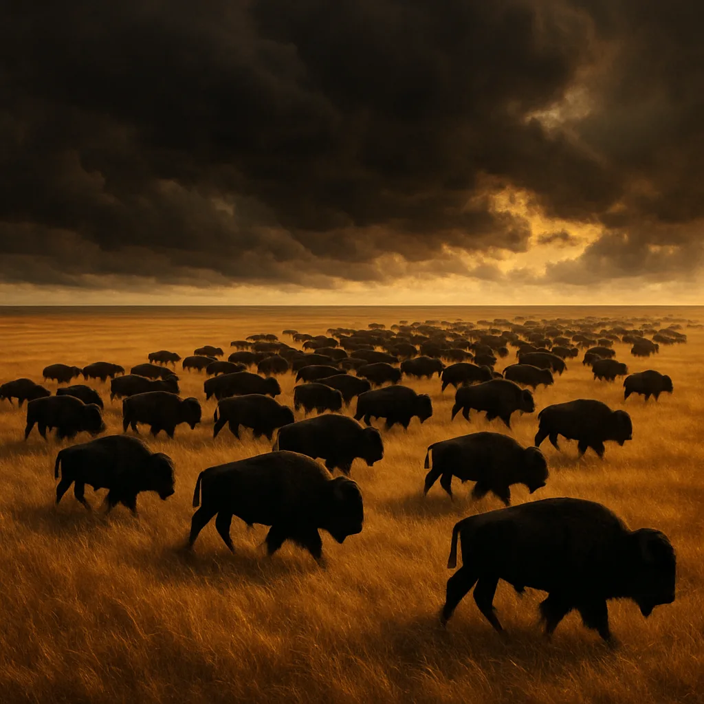 Vast Herd of Shadowy Bison Moves Slowly Across an Expansive