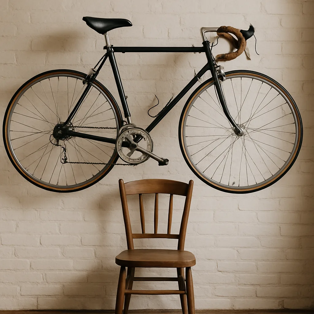 Image of a Suspended Bicycle with a Wooden Chair