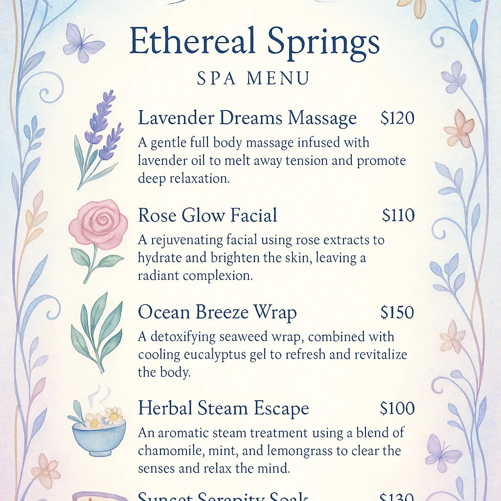 Peaceful and Enchanting Single-page Spa Menu for a Calming Wellness