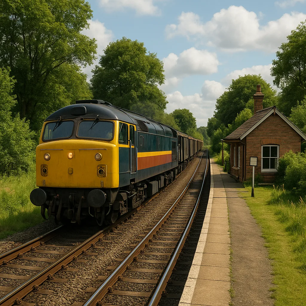 Train Engine Moving Past a Quiet Countryside Train Stop
