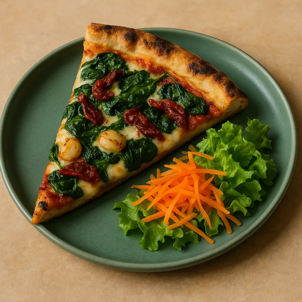Triangular Piece of Savory Pizza Stands Upright on a Jade-green