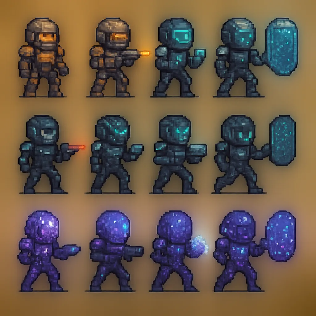 Detailed Square Pixel-art Graphic Showcasing a Futuristic Explorer Character