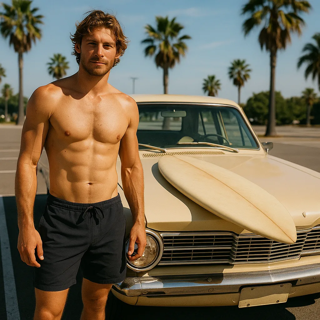 Shirtless Man Stands Next to a Vintage Beige Valiant Car