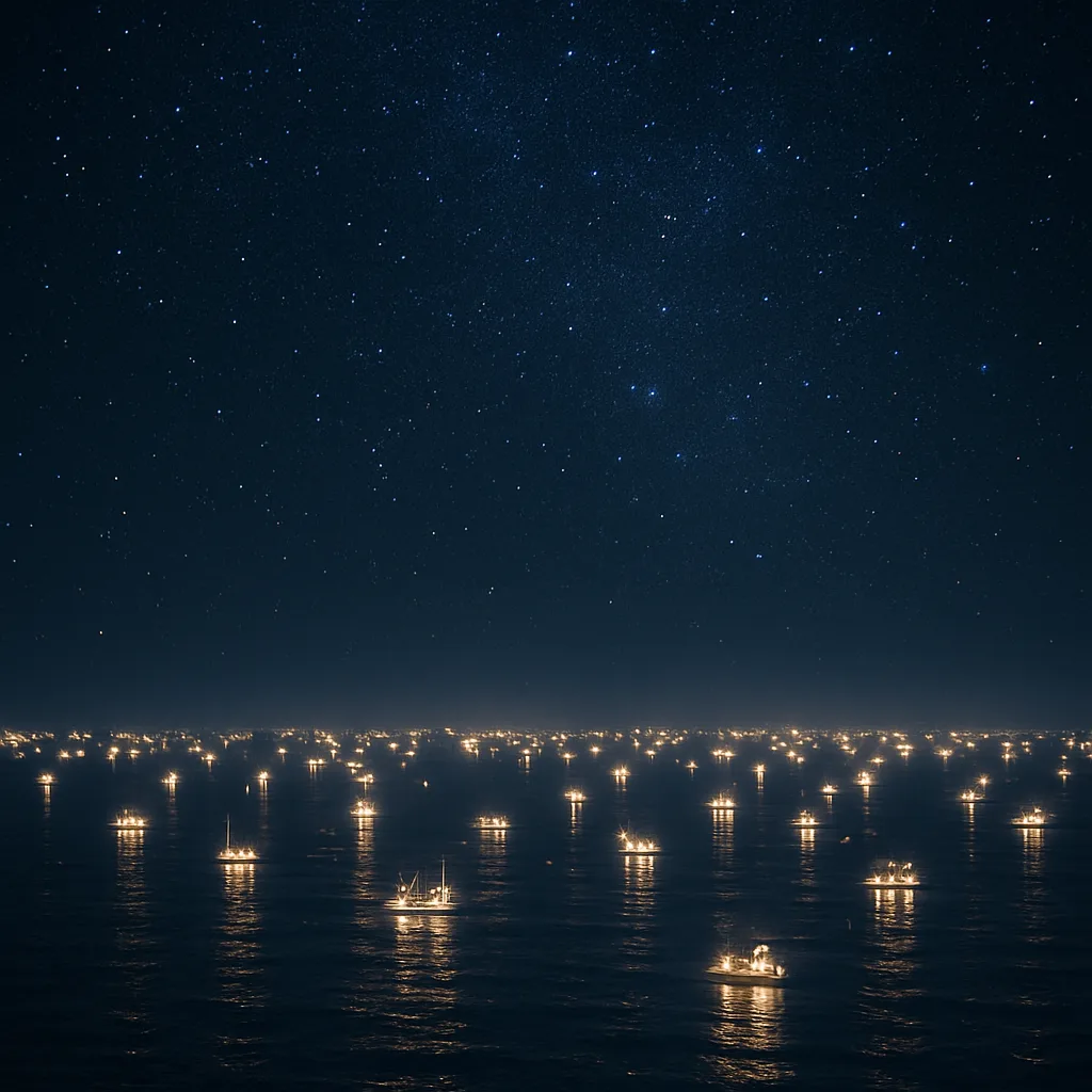 Innumerable Tiny Lights from a Sprawling Fishing Fleet Shimmer