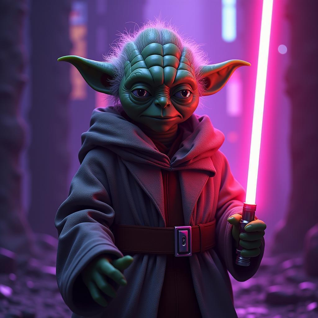 Neonpunk Yoda Poised Ready for Battle