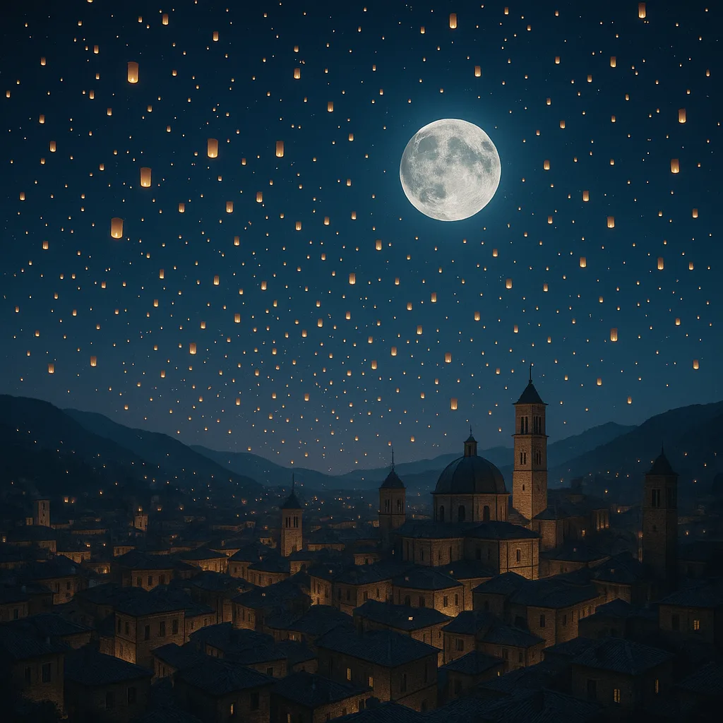 Countless Tiny Lanterns Drift Upwards into the Twilight Sky