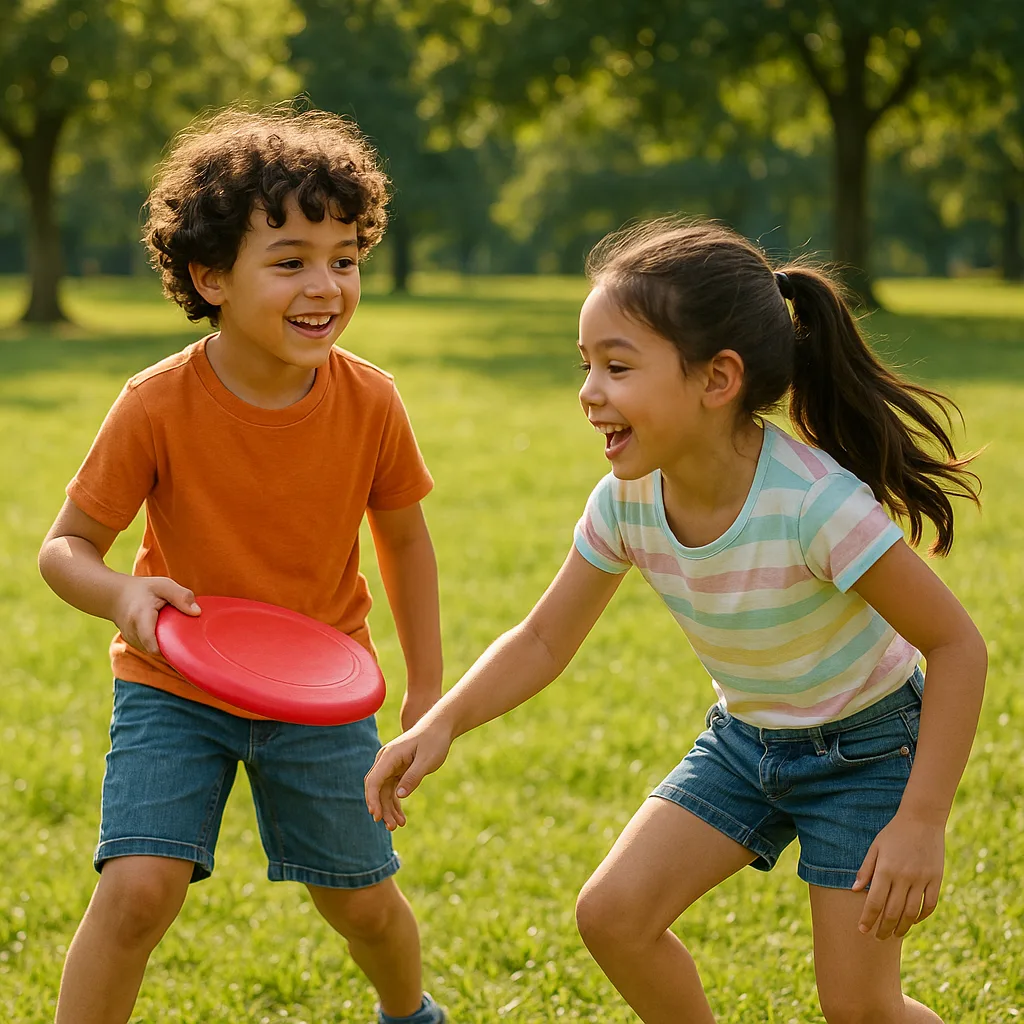 Two Children Play in a Grassy Park