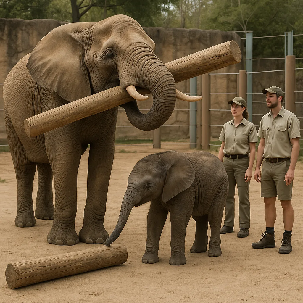 Adult Elephant Lifting a Wooden Beam with its Trunk