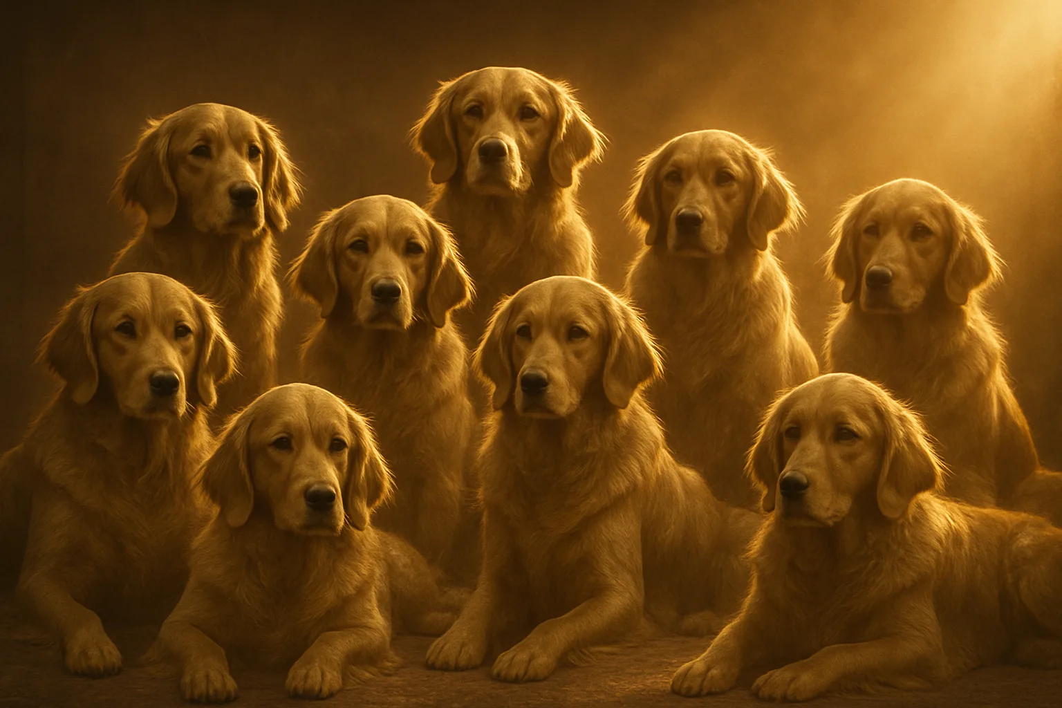 Relaxed Gathering of Around Nine Dark Honey Gold Golden Retrievers