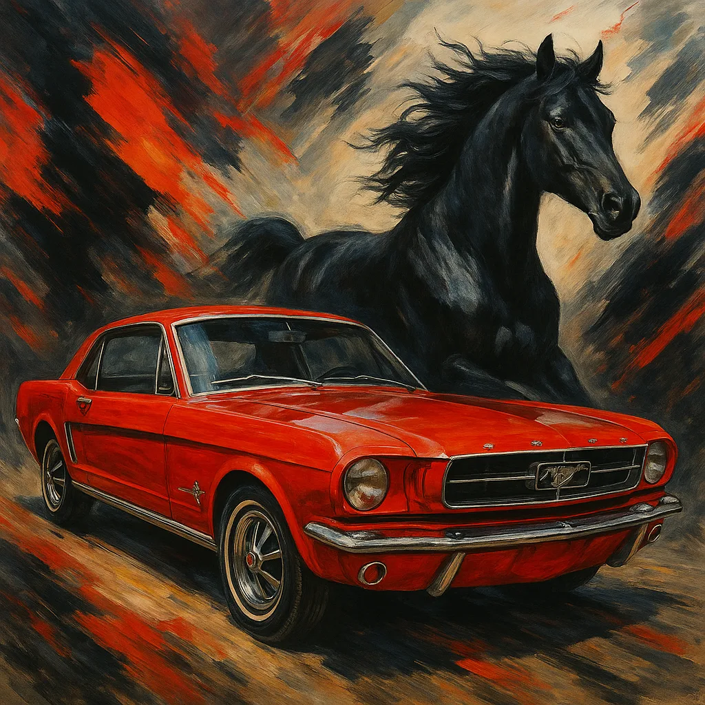 Red Vintage Mustang Car Alongside a Black Horse