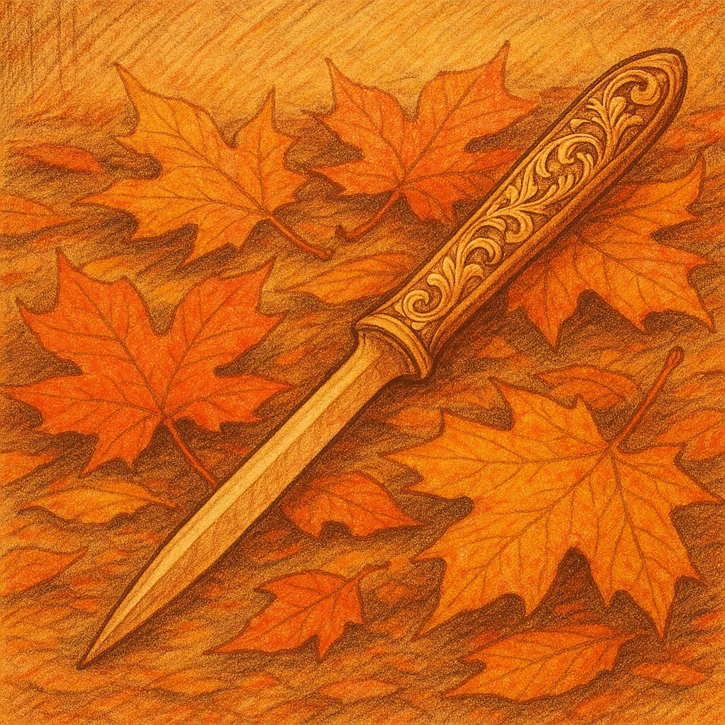 Floral Scrollwork Letter Opener Lies Nestled in Vibrant Autumn Leaves