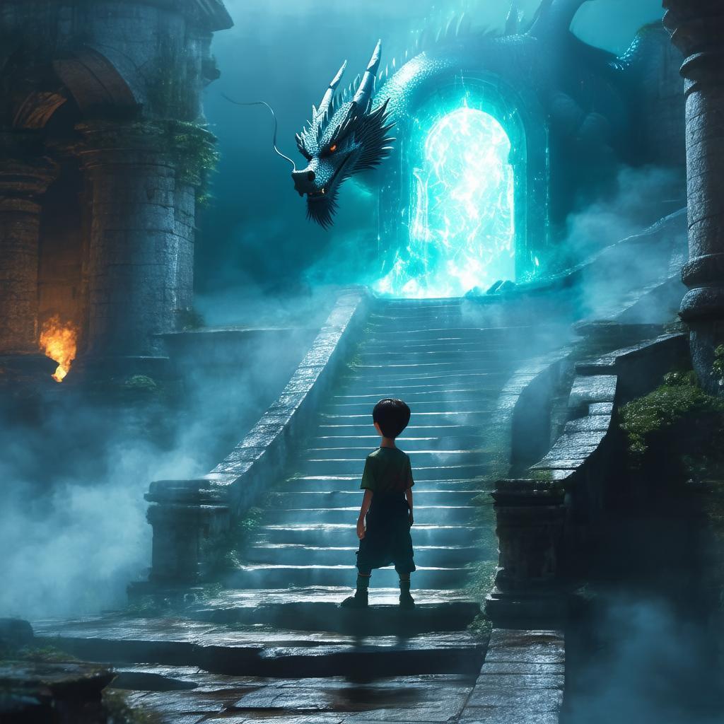 Boy Meets Luminous Dragon on Ancient Stairs