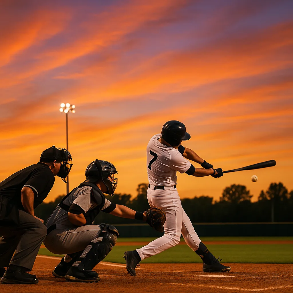 Baseball Batter Swings at a Pitch During a Sunset-lit Game