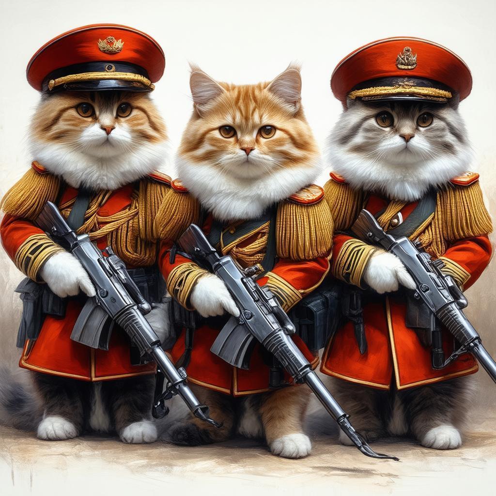 Three Cats in Military Uniforms Bearing Arms