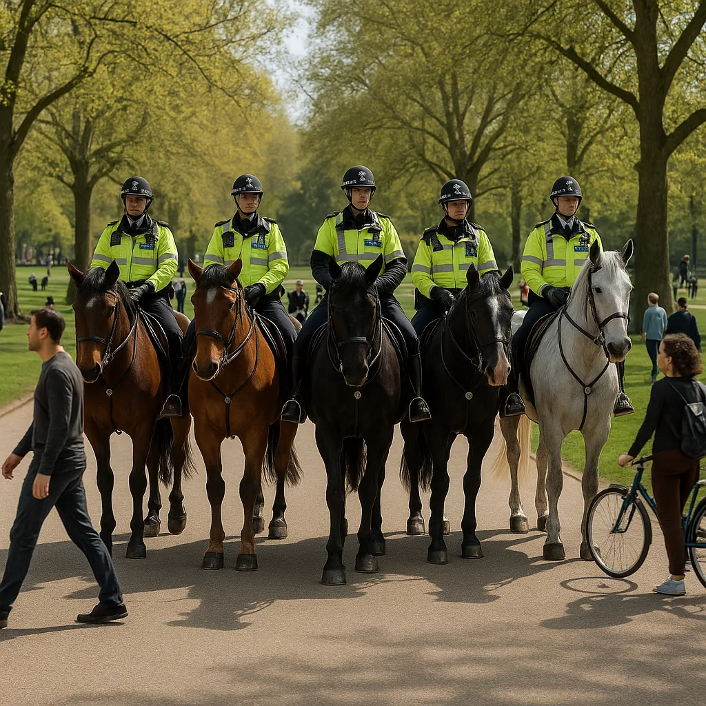 Five Mounted Police Officers on Horses in a Park