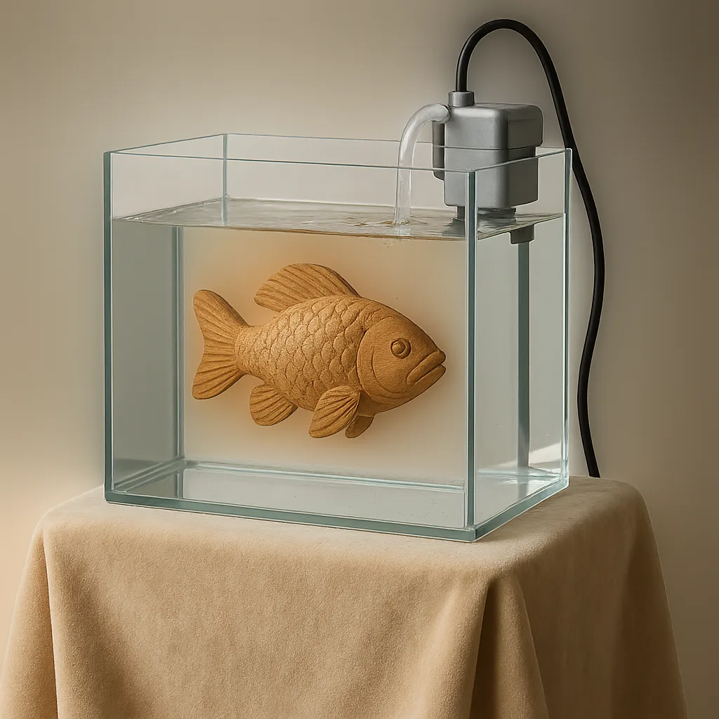 Clear Aquarium and a Shiny Silver Water Pump Together Form