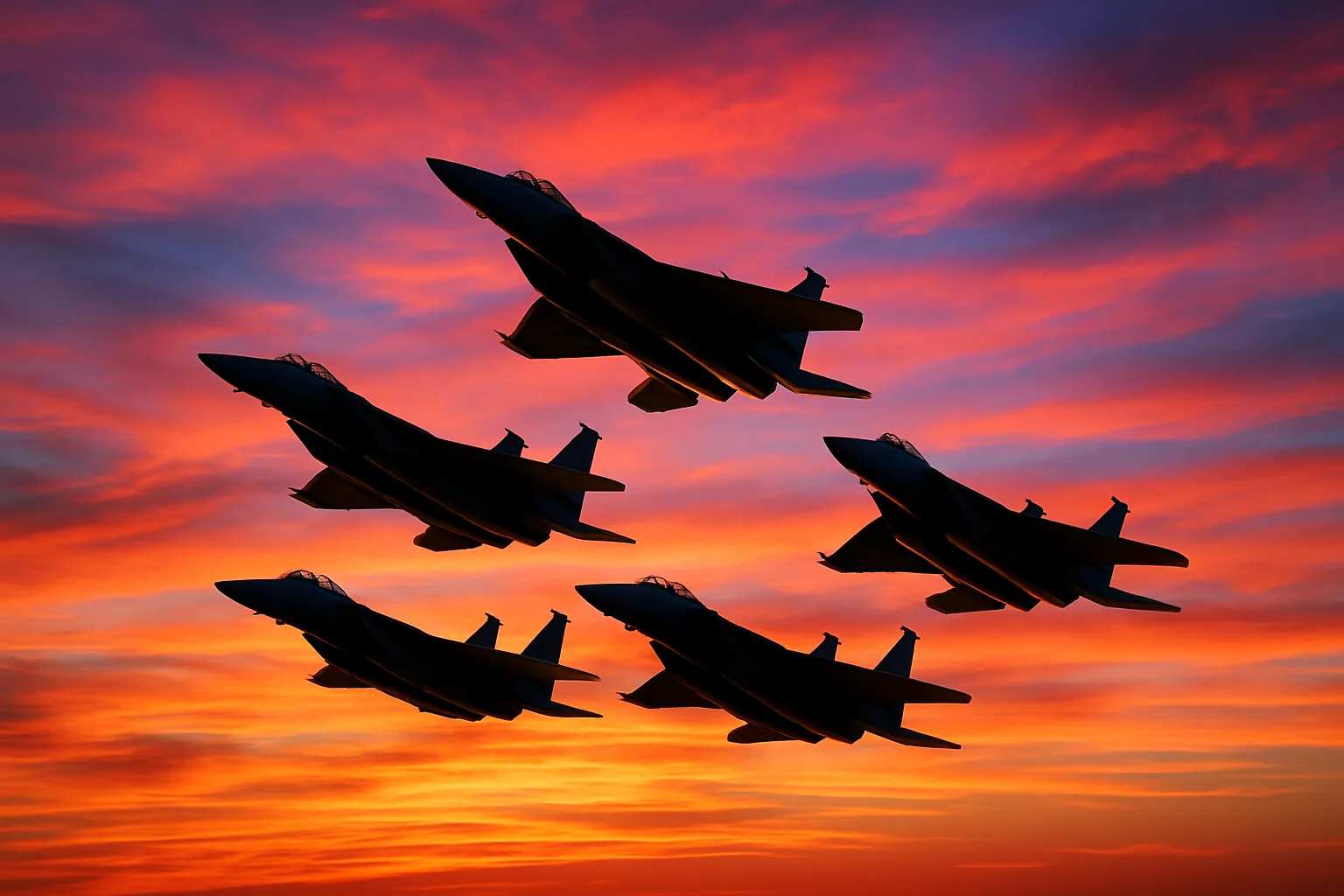 Group of Military Aircraft Flying in a Sharp Triangular Arrangement