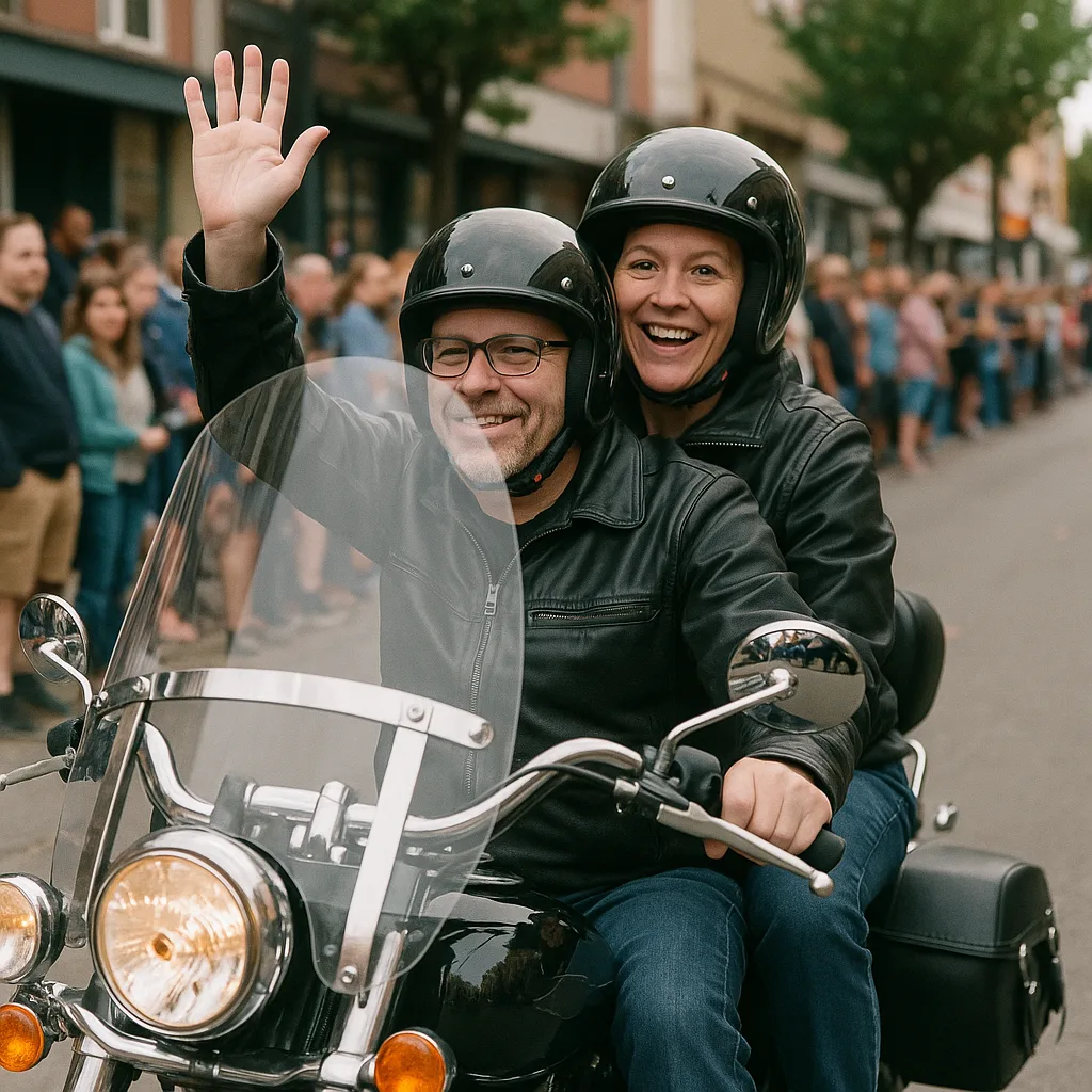 Two People Riding a Motorcycle with a Windshield