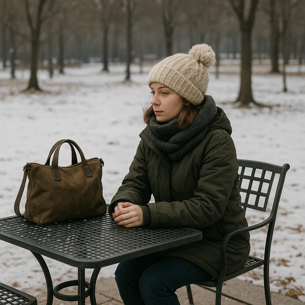 Woman in Winter Clothing Sits Alone at an Outdoor Metal