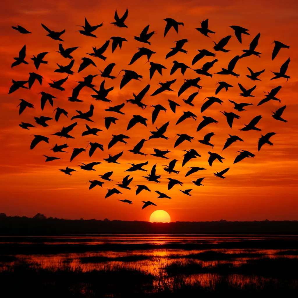 Large Flock of Silhouetted Birds Wheels