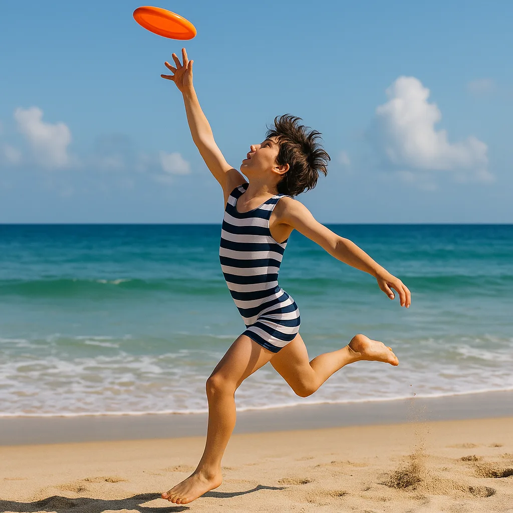 Person in a Striped Swimsuit Jumps to Catch a Frisbee