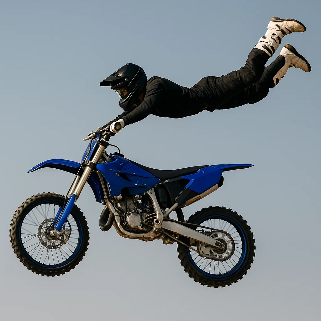 Motorcyclist Performing an Aerial Stunt Mid-air on a Blue Dirt