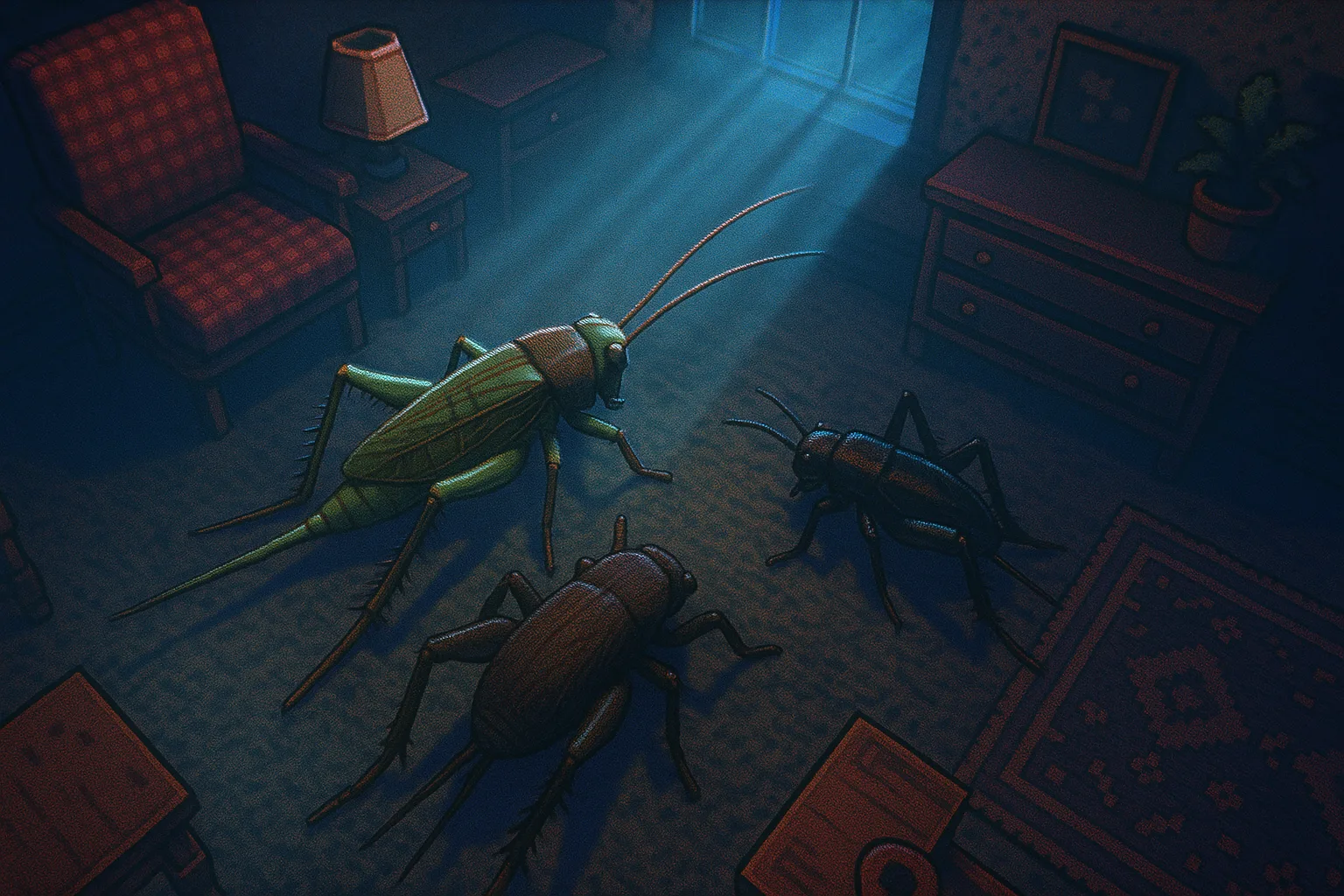 Trio of Crickets—the First a Vibrant Greenish Hue