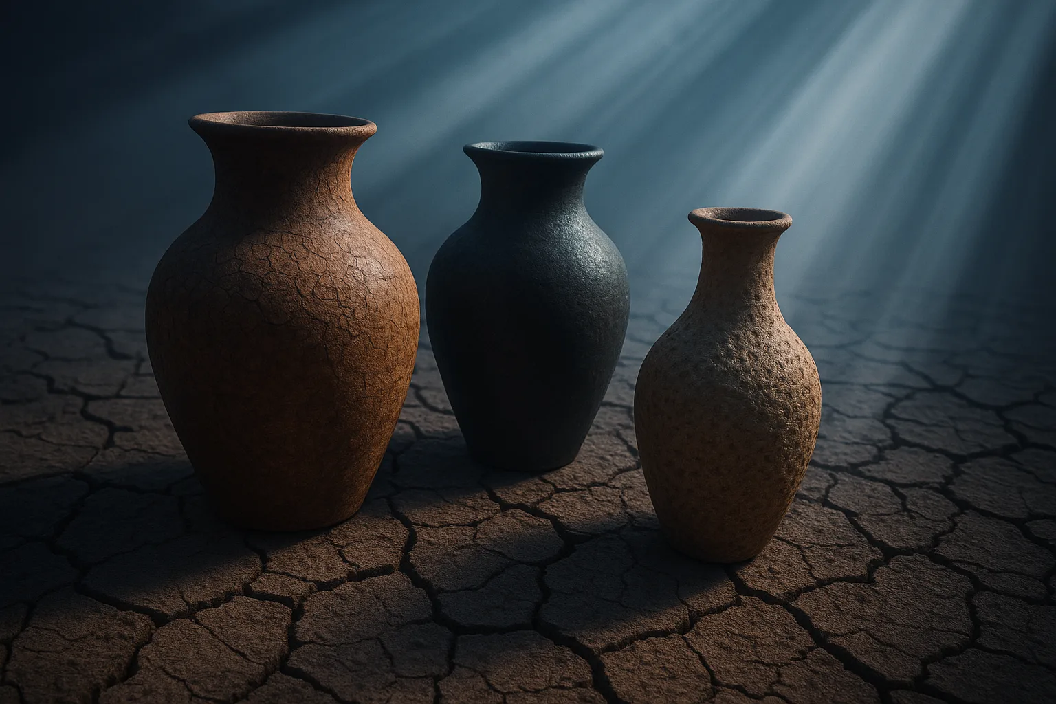 Three Diverse Vases on Cracked Earth