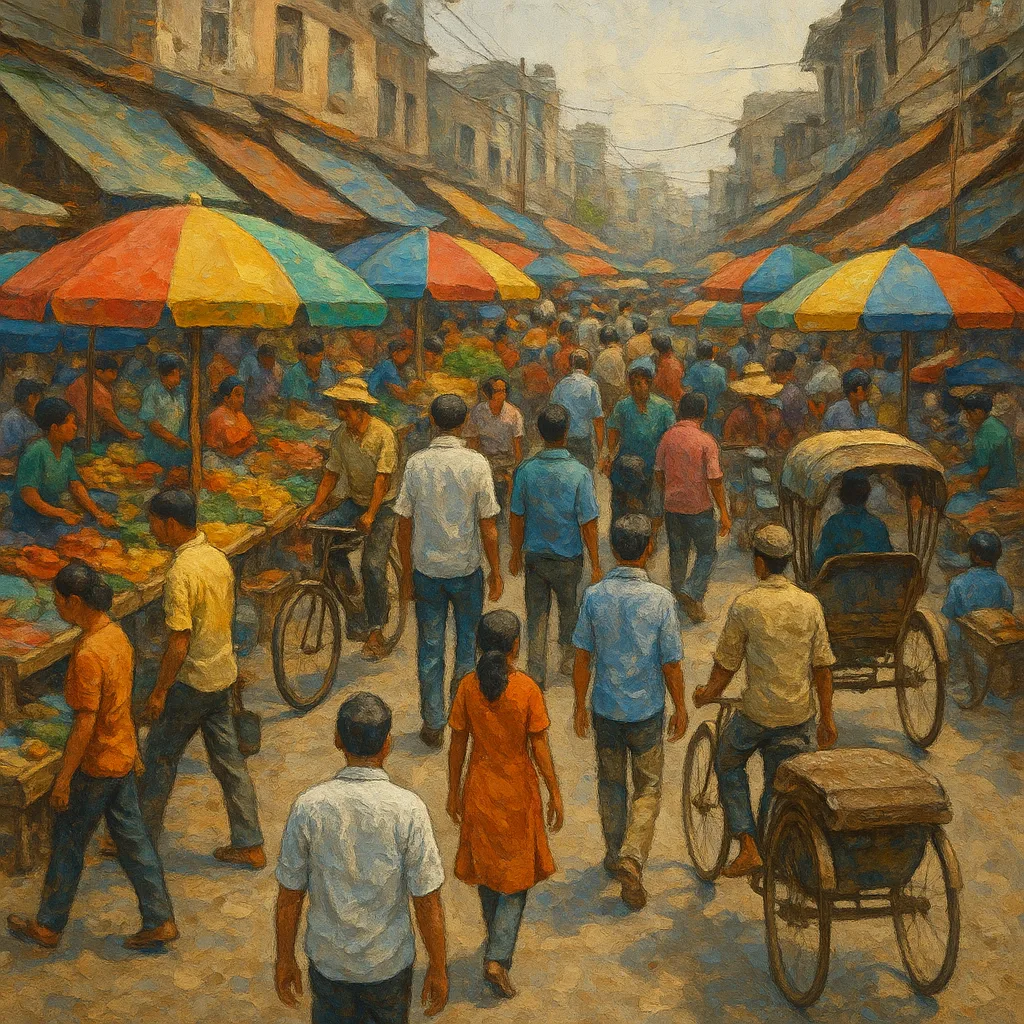 Bustling Street Market with Vendors under Colorful Umbrellas