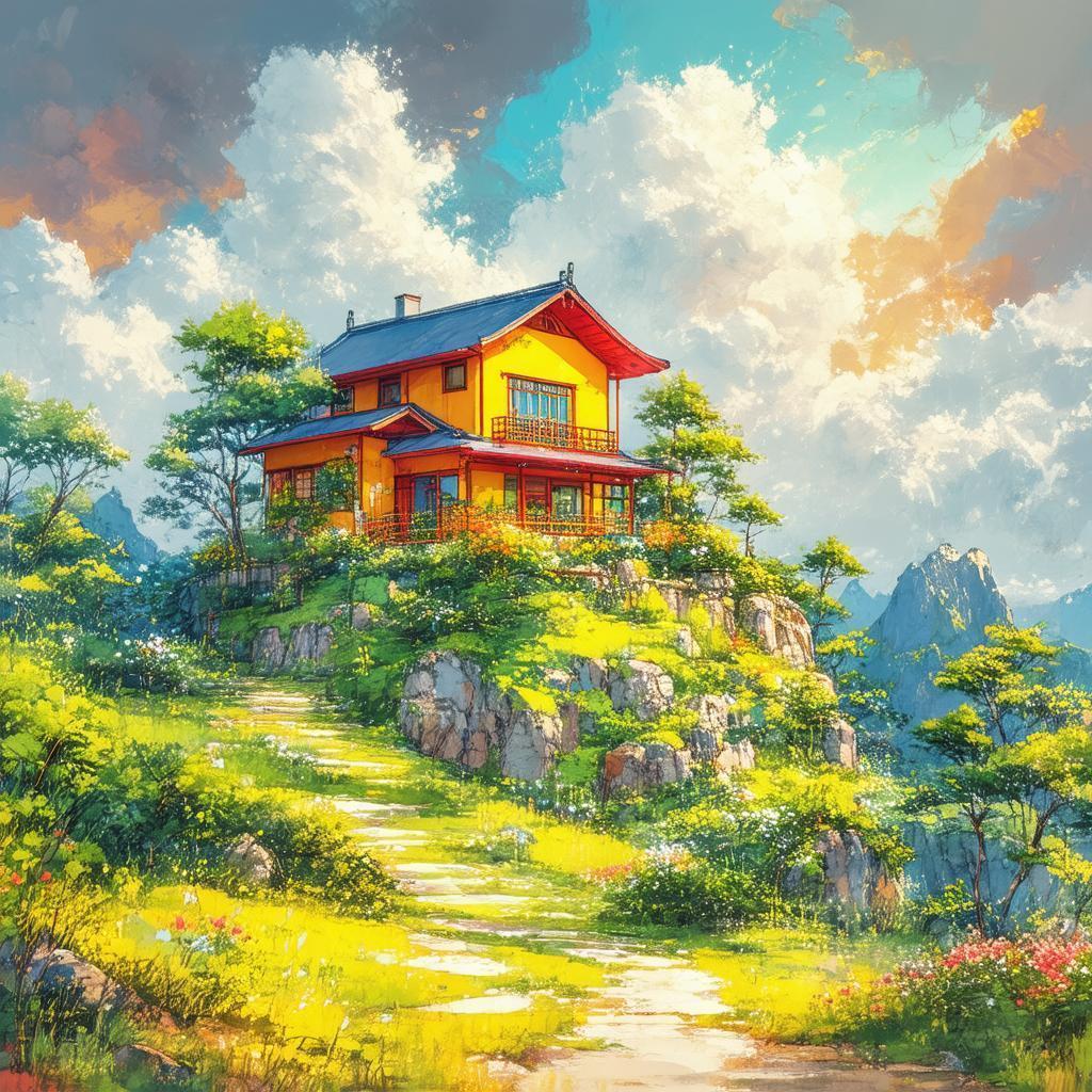 Vibrant Manga House Perched on Mountain Peak