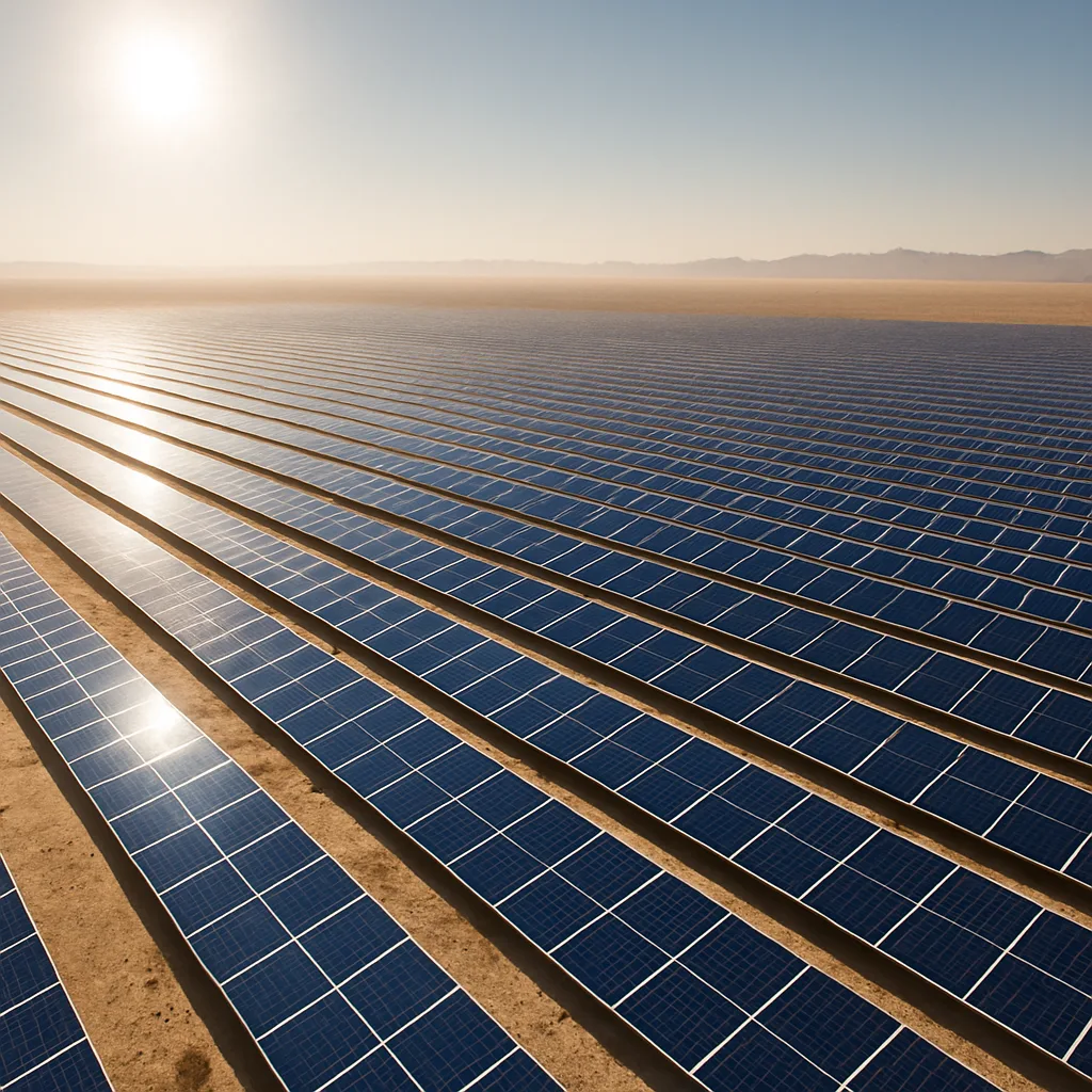 Vast Array of Thousands of Solar Panels Glints