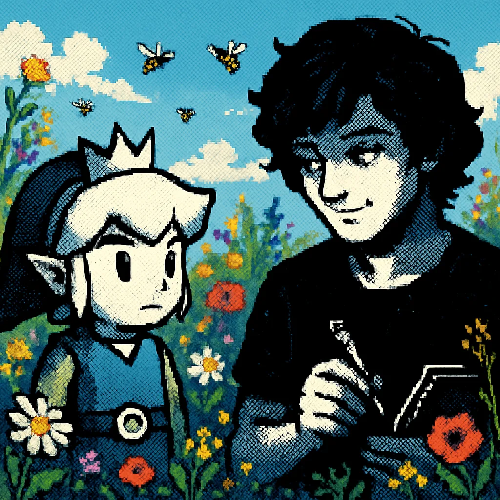 Diminutive Crowned Teen Legend Meets a Coyly Glancing Pixel-art Artist