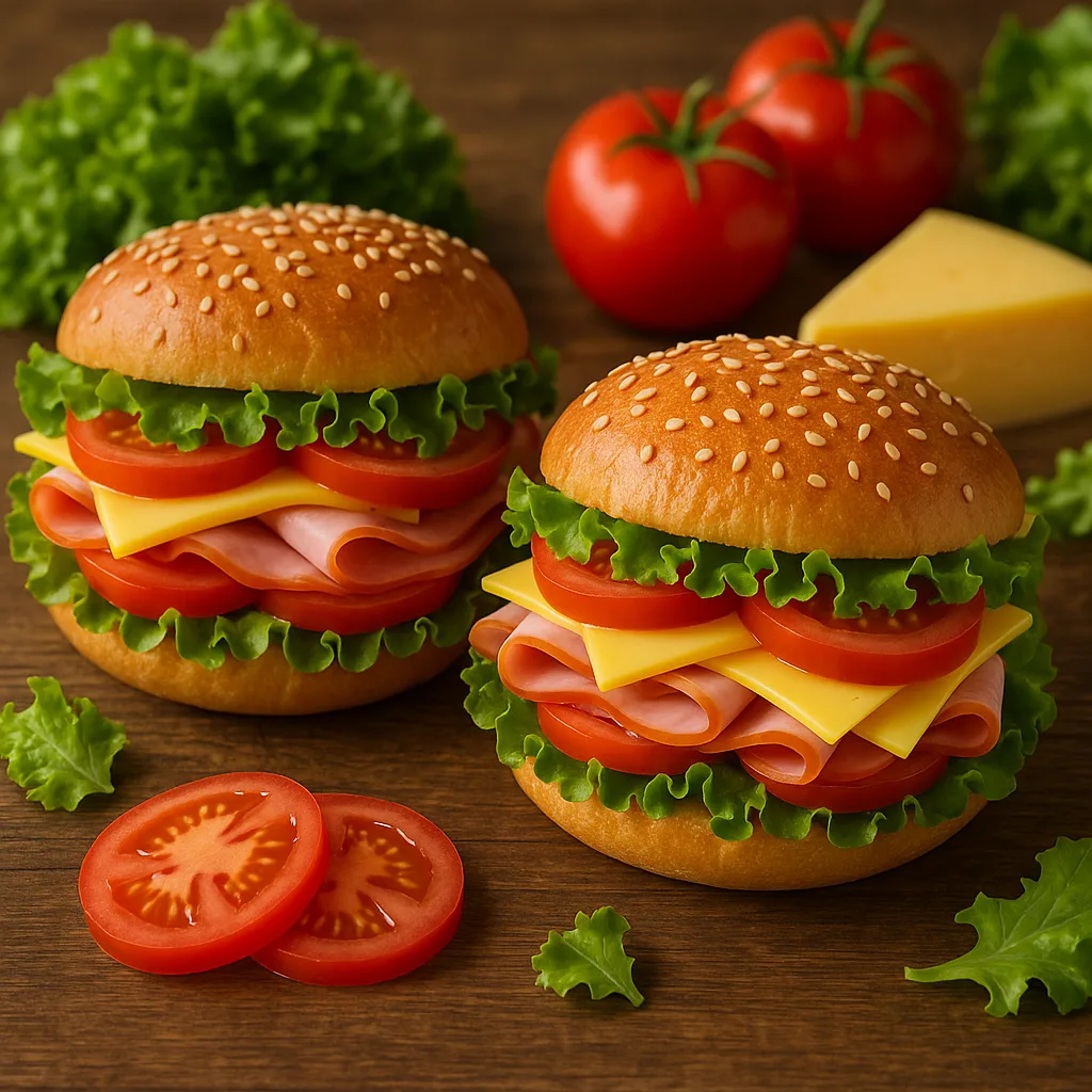 Two Vibrant Sandwiches Resting on a Wooden Table