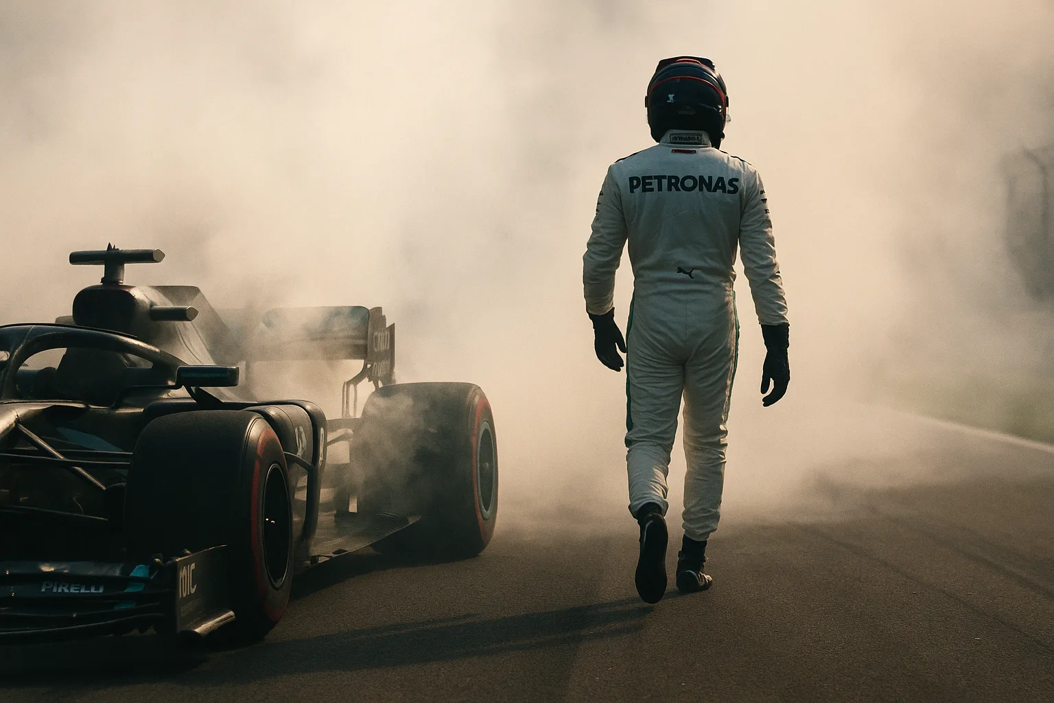 Formula 1 Driver Walks Away from His Car Amidst Smoke