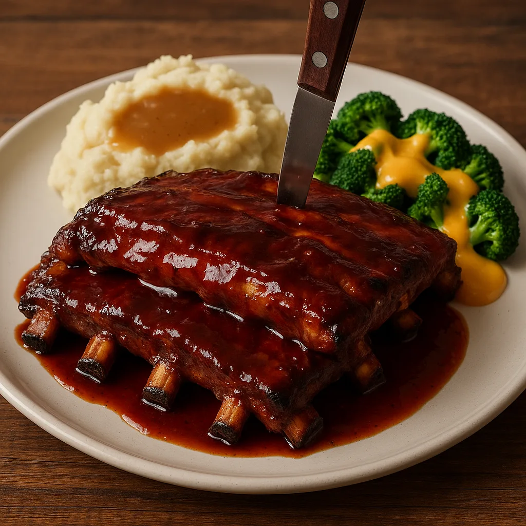 Plate with Barbecue Ribs Topped with a Knife