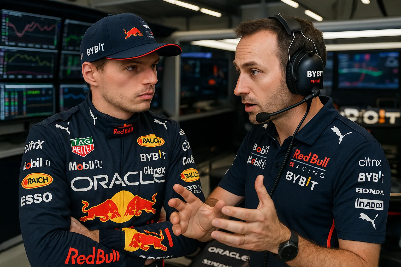 Formula 1 Driver in Team Attire and a Race Engineer