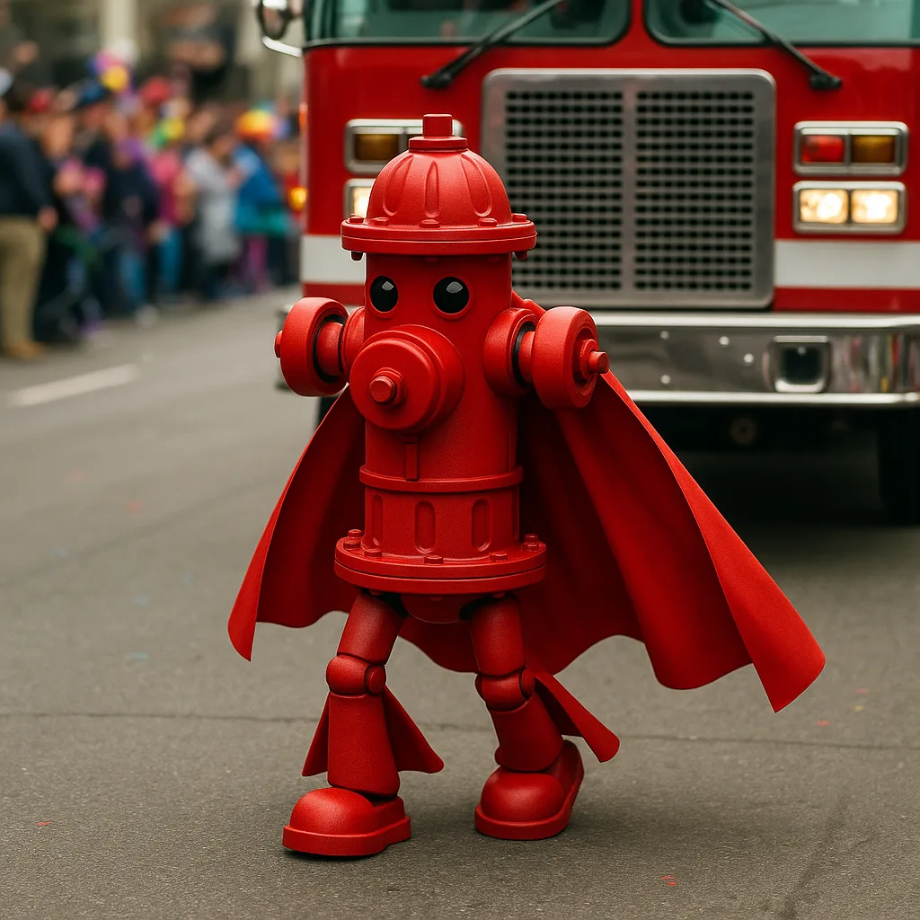 Red Fire Hydrant Robot with a Cape on a Street