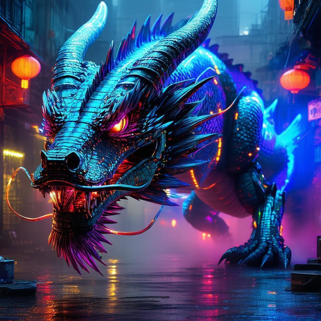 Neon Dragon Fish Looming Over Dystopian City