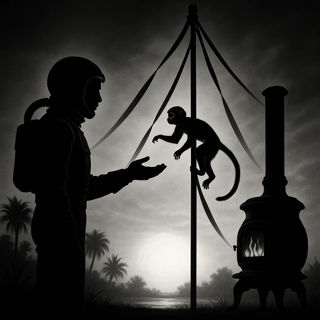 Surreal Figure in a Retro Tech Jumpsuit Extends a Hand