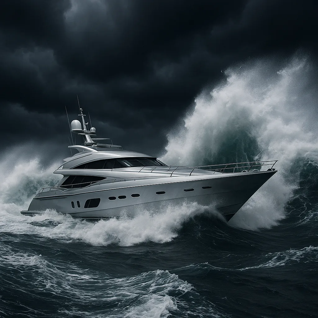 Polished Metallic Yacht Struggling Against Towering Waves