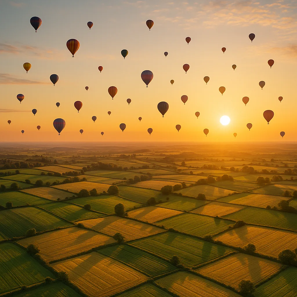 Dozens of Distant Hot Air Balloons Drift Serenely