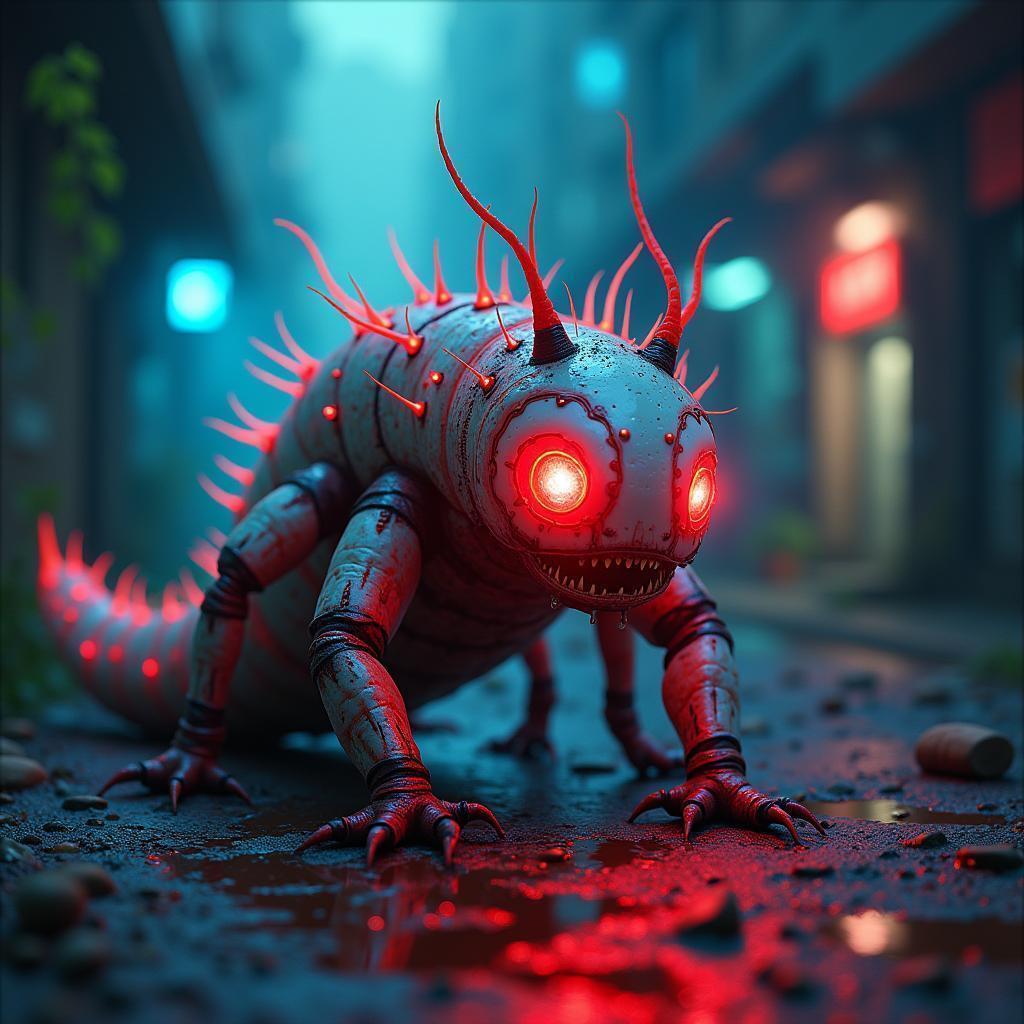 Neon Larvae Monster on Gritty Urban Dirt