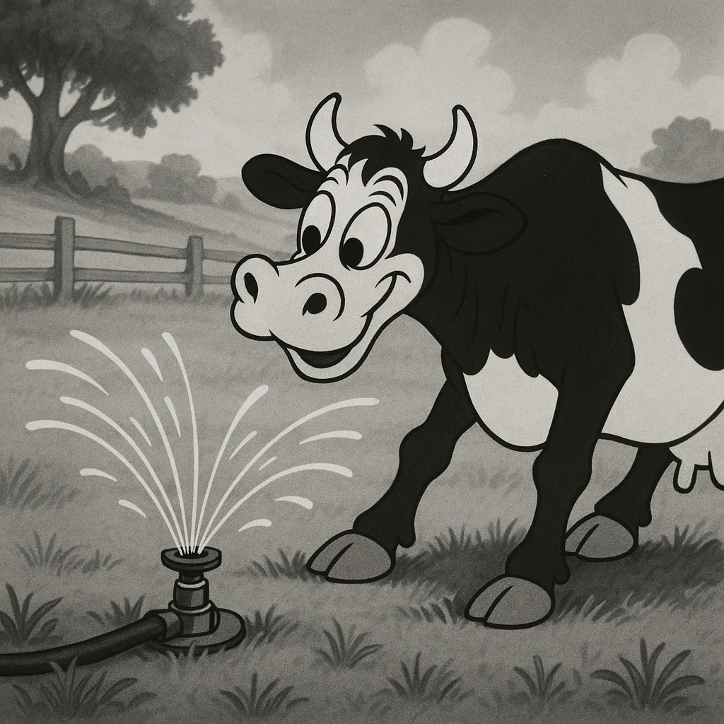 Black-and-white Animated Scene Showcasing a Playful Cow Amusing Itself
