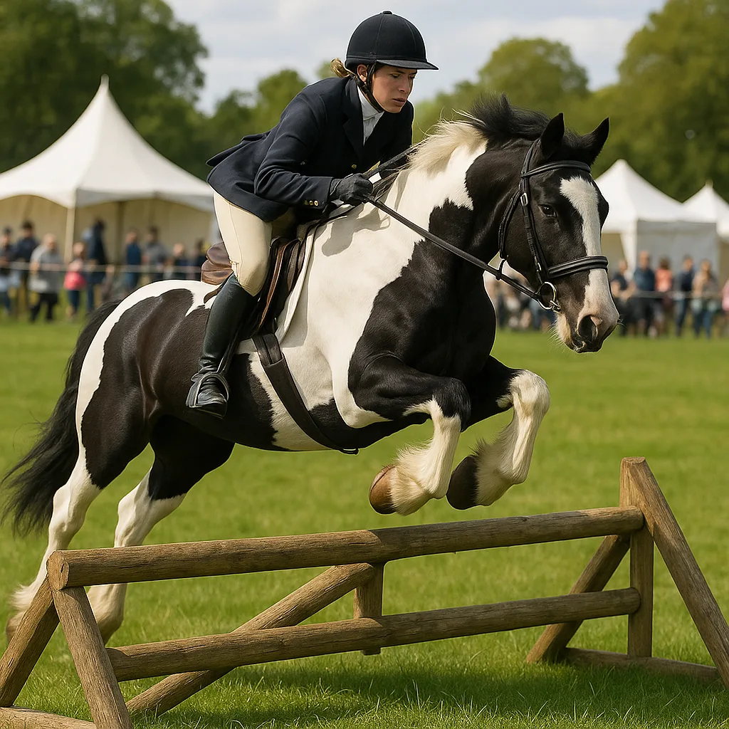 Rider on a Black-and-white Horse Jumps