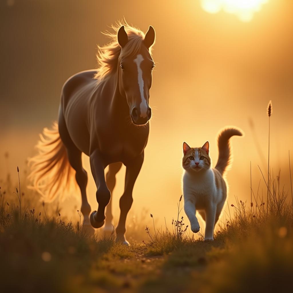 Golden Meadow Chase of Cat and Horse